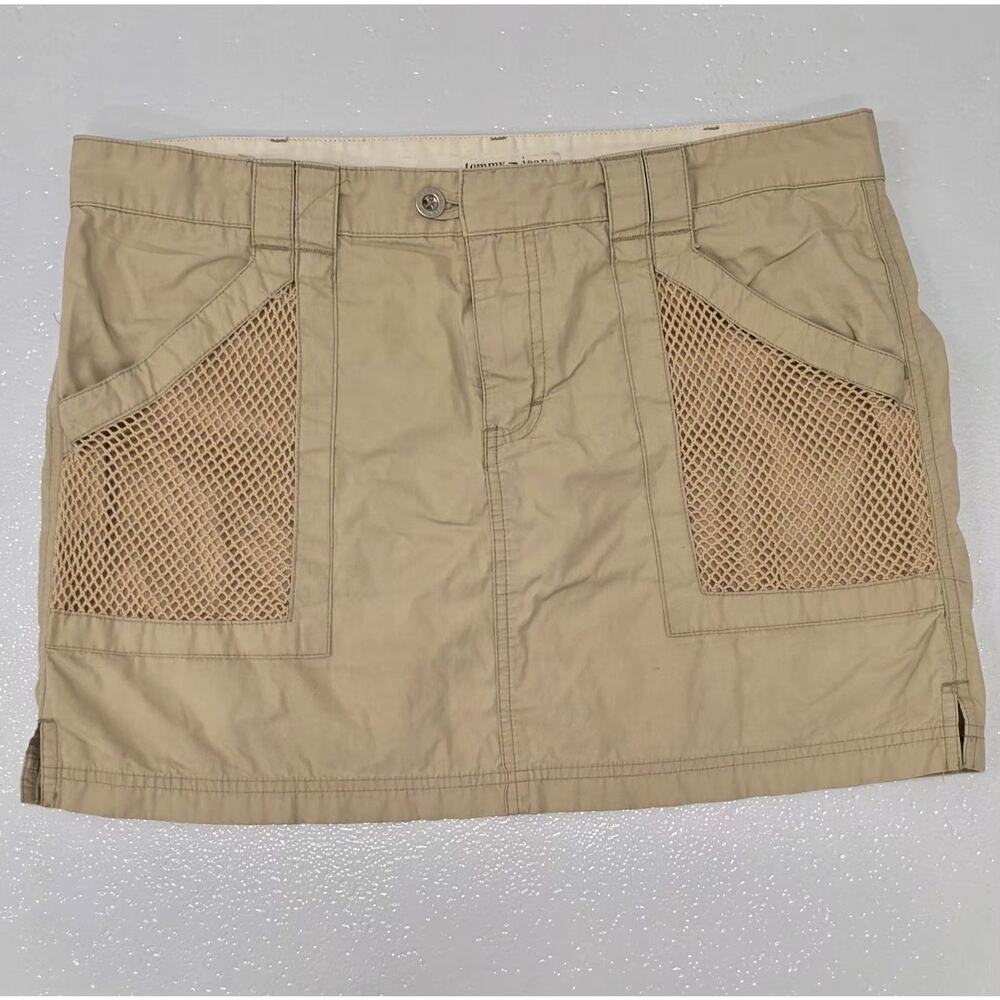 Vintage Y2K Tommy Jeans Cargo Mini Skirt Tan Khaki Mesh Pockets Size 13